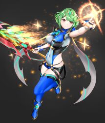 Rule 34 | 1girl, absurdres, aegis sword (xenoblade), alternate color, alternate hair color, armor, bare arms, black shorts, blue thighhighs, breasts, core crystal (xenoblade), covered navel, drop earrings, earrings, eilier project, fingerless gloves, fire, full body, gloves, green hair, highres, holding, holding weapon, impossible clothes, jewelry, large breasts, pyra (xenoblade), pyrokinesis, red eyes, serious, short hair, short shorts, shorts, shoulder armor, solo, swept bangs, sword, thighhighs, tiara, weapon, xenoblade chronicles (series), xenoblade chronicles 2