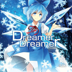 Rule 34 | 1girl, blue dress, blue eyes, blue hair, bow, cirno, dress, hagiwara rin, hair ornament, hair ribbon, ice, ice wings, matching hair/eyes, puffy sleeves, ribbon, short hair, short sleeves, smile, snowflakes, solo, sparkle, tears, text focus, touhou, tree, wings