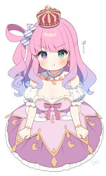 Rule 34 | absurdres, bare shoulders, blush, bracelet, candy hair ornament, clenched hands, crescent, crescent earrings, crescent necklace, crown, detached collar, dress, earrings, food-themed hair ornament, frilled dress, frills, gold bracelet, gradient hair, green eyes, hair ornament, heterochromia, highres, himemori luna, himemori luna (1st costume), hololive, jewelry, long hair, multicolored hair, necklace, nyasunyadoora, petticoat, pink dress, pink hair, pink skirt, pout, puffy short sleeves, puffy sleeves, purple eyes, short dress, short sleeves, skirt, virtual youtuber, wavy hair, white background