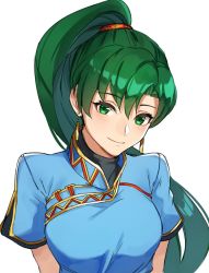 Rule 34 | 1girl, arms at sides, asymmetrical bangs, blue dress, blush, breasts, china dress, chinese clothes, closed mouth, dress, earrings, female focus, fire emblem, fire emblem: the blazing blade, green eyes, green hair, hair between eyes, head tilt, high ponytail, highres, jewelry, kamu (kamuuei), long hair, looking at viewer, lyn (fire emblem), matching hair/eyes, medium breasts, neck, nintendo, ponytail, short sleeves, side slit, simple background, smile, solo, upper body, white background