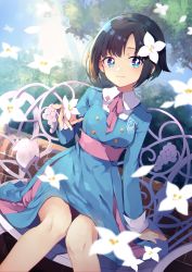 Rule 34 | 1girl, absurdres, arm support, black hair, blue dress, blue eyes, blue sky, blurry, blurry foreground, bow, breasts, closed mouth, collared shirt, commentary request, copyright request, day, depth of field, dress, flower, hair flower, hair ornament, hedge, highres, holding, holding flower, long sleeves, outdoors, pink bow, pleated dress, risui (suzu rks), shirt, short hair, sitting, sky, small breasts, smile, solo, tree, virtual youtuber, white flower, white shirt