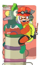 Rule 34 | boots, brown eyes, character name, fangs, flying sweatdrops, gloves, green footwear, green gloves, green hair, headphones, headset, helmet, high-visibility vest, highres, inkling, inkling girl, inkling player character, kiirono, multicolored hair, nintendo, open mouth, purple hair, rubber gloves, salmon run (splatoon), signature, simple background, sparkle, splatoon (series), stinger (splatoon), tentacle hair, yellow eyes