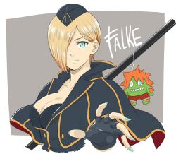 Rule 34 | 1girl, absurdres, blanka, blonde hair, blue eyes, breasts, capcom, character doll, character name, cleavage, doll, eyeshadow, falke (street fighter), fingerless gloves, garrison cap, gloves, hair over one eye, hat, highres, ito (daisukidanchi), lipstick, looking at viewer, makeup, nail polish, reaching, reaching towards viewer, short hair, simple background, smile, solo, staff, street fighter, street fighter v, stuffed toy, weapon, weapon on back