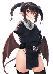 Rule 34 | 1girl, belt, black belt, black gloves, black thighhighs, bush, closed mouth, demon girl, demon tail, demon wings, glint, gloves, hair between eyes, hair ornament, highres, itou ryuusei, jewelry, long hair, low wings, necklace, orange eyes, original, pointy ears, puffy sleeves, simple background, skull hair ornament, smile, solo, tail, thighhighs, tongue, tongue out, twintails, white background, wings