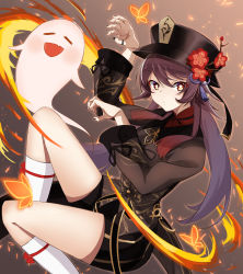 Rule 34 | 1girl, :d, absurdres, black hair, black nails, black shirt, bug, butterfly, chinese clothes, commentary request, fire, flower, genshin impact, ghost, ghost pose, hair between eyes, hat, hat flower, hat ornament, highres, hu tao (genshin impact), insect, jewelry, kneehighs, long hair, long sleeves, looking at viewer, nail polish, open mouth, orange eyes, ring, shinono felca, shirt, short shorts, shorts, sidelocks, simple background, smile, socks, symbol-shaped pupils, twintails, white socks