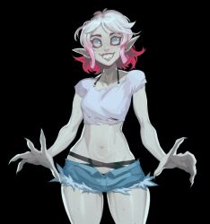 Rule 34 | 1girl, alternate costume, black background, body freckles, breasts, briar (league of legends), cowboy shot, estyy, fingernails, freckles, grey eyes, grey hair, grey shirt, grin, highres, league of legends, multicolored hair, navel, open fly, pointy ears, red hair, sharp fingernails, sharp teeth, shirt, short hair, short shorts, short sleeves, shorts, simple background, small breasts, smile, solo, stomach, teeth, torn clothes, torn shirt