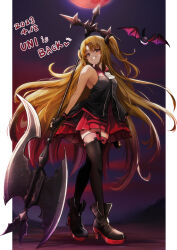 Rule 34 | 1girl, absurdres, akatsuki uni, ankoku kishi m, axe, bare shoulders, blonde hair, creature, dated, dress, english text, full body, gradient hair, hair ornament, hairclip, high heels, highres, holding, holding axe, holding polearm, holding weapon, long hair, moon, multicolored hair, parted lips, polearm, purple hair, red eyes, red moon, sleeveless, sleeveless jacket, smile, solo, thighhighs, two side up, uni create, very long hair, virtual youtuber, weapon, zettai ryouiki, zipper pull tab