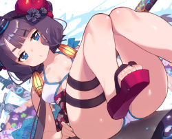 Rule 34 | 1girl, batsuma, bikini, blue eyes, blunt bangs, breasts, cleavage, dutch angle, fate/grand order, fate (series), floral print, hair ornament, hair tubes, katana, katsushika hokusai (fate), katsushika hokusai (swimsuit saber) (fate), knees together feet apart, looking at viewer, medium breasts, obi, puckered lips, purple hair, red footwear, sandals, sash, short hair with long locks, sidelocks, sitting, solo, swimsuit, sword, thigh strap, thighs, weapon, white bikini
