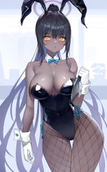 Rule 34 | 1girl, :o, absurdres, animal ears, bare shoulders, black hair, black leotard, blue archive, blue bow, blue bowtie, blue ribbon, bow, bowtie, breasts, cleavage, collarbone, contrapposto, covered navel, curvy, dark-skinned female, dark skin, detached collar, fake animal ears, fishnet pantyhose, fishnets, gaosu gong lu, gloves, halo, highleg, highleg leotard, highres, hip focus, holding, holding tray, karin (blue archive), karin (bunny) (blue archive), large breasts, leotard, long hair, looking at viewer, official alternate costume, pantyhose, parted lips, playboy bunny, ponytail, rabbit ears, ribbon, solo, strapless, strapless leotard, thigh gap, tray, very long hair, white gloves, wide hips, wrist cuffs, yellow eyes