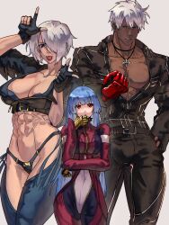 Rule 34 | 1boy, abs, angel (kof), backless pants, belt, blue eyes, blue hair, bra, breasts, chaps, cleavage, crop top, cropped jacket, cross, cross necklace, dark skin, fingerless gloves, gloves, hair over one eye, highres, horns pose, index fingers raised, jacket, jewelry, k&#039; (kof), kula diamond, large breasts, leather, leather jacket, leather pants, long hair, looking at viewer, midriff, muscular, muscular female, navel, necklace, panties, pants, red eyes, red gloves, short hair, simple background, snk, standing, strapless, strapless bra, syachiiro, the king of fighters, the king of fighters xiv, toned, underwear, white hair, yellow gloves