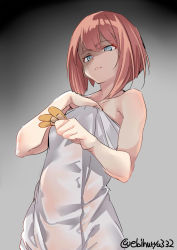 Rule 34 | 1girl, ark royal (kancolle), bandaid, blue eyes, closed mouth, ebifurya, from below, gradient background, highres, holding, holding towel, kantai collection, looking at viewer, medium hair, naked towel, red hair, solo, towel, twitter username