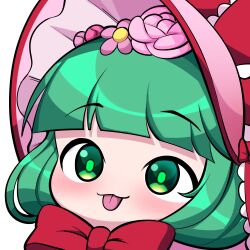 1girl blunt_bangs bmkro bow commentary english_commentary front_ponytail green_eyes green_hair kagiyama_hina kagiyama_hina_(secluded_spring_cleansing) looking_at_viewer lowres portrait red_bow solo tongue tongue_out touhou touhou_lostword