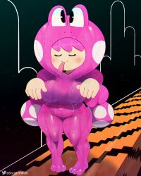 Rule 34 | 1girl, animal costume, animal hood, artist name, belly, blush, bodysuit, breasts, closed eyes, curvy, frog costume, highres, hood, large breasts, mario (series), nintendo, plump, polka dot, shortstack, somescrub, super mario bros. 3, super mario maker 2, thick thighs, thighs, toadette, tongue, tongue out, twintails, wet, wide hips