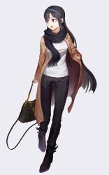 Rule 34 | 1girl, :d, absurdres, alternate costume, bad id, bad pixiv id, bag, black footwear, black hair, black pants, black scarf, boots, breasts, brown coat, casual, coat, commentary, commission, fringe trim, full body, girls&#039; frontline, gluteal fold, grey background, hairband, hand in pocket, handbag, highres, holding, holding bag, junexp, long coat, long hair, long sleeves, looking away, looking to the side, medium breasts, mole, mole under eye, open clothes, open coat, open mouth, pants, purple eyes, scarf, shirt, sidelocks, simple background, sleeves past wrists, smile, solo, standing, super sass (girls&#039; frontline), very long hair, white shirt