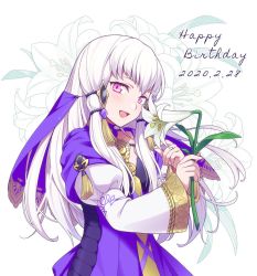 Rule 34 | 1girl, dated, dress, fire emblem, fire emblem: three houses, flower, hair ornament, happy birthday, hiyori (rindou66), holding, lily (flower), long hair, long sleeves, lysithea von ordelia, nintendo, open mouth, pink eyes, solo, upper body, white hair