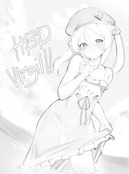 Rule 34 | 1girl, :3, absurdres, beret, blush, closed mouth, cloud, commentary, dress, english commentary, flat chest, greyscale, happy birthday, hat, highres, kometa virtual live, looking at viewer, monochrome, ocean, outdoors, partially submerged, see-through, see-through dress, short hair, sky, sleeveless, sleeveless dress, smile, solo, standing, teriibol, twintails, virgil (kometa virtual live), virtual youtuber