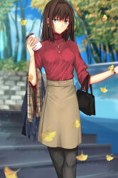 Rule 34 | 1girl, alternate costume, aozaki aoko, autumn leaves, bag, black bag, black pantyhose, blue eyes, blue sky, blurry, blurry background, breasts, brown hair, closed mouth, cloud, commentary request, cup, day, disposable cup, earrings, expressionless, grey skirt, hair between eyes, hair intakes, handbag, high-waist skirt, highres, holding, holding cup, iro (sekaixiro), jewelry, long hair, looking at viewer, mahou tsukai no yoru, medium breasts, necklace, outdoors, pantyhose, red sweater, ribbed sweater, skirt, sky, sleeves rolled up, solo, stairs, sweater, turtleneck, turtleneck sweater