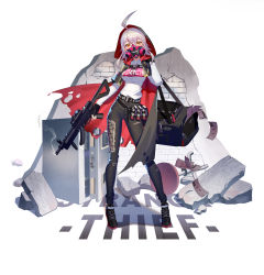 Rule 34 | 1girl, absurdres, ahoge, bag, banknote, belt, black gloves, black pants, breasts, brown eyes, cloak, commentary request, cross-laced footwear, explosive, fingerless gloves, full body, fysc, gas mask, gloves, grenade, grey hair, gun, h&amp;k mp5, highres, hood, hood up, hooded cloak, id card, large breasts, looking at viewer, mask, medium breasts, medium hair, money, original, pants, rubble, safe (container), science fiction, shirt, shoulder bag, smoke, smoking gun, solo, submachine gun, weapon, weapon request, white background, white shirt