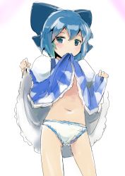 Rule 34 | 1girl, blue dress, blue eyes, blue hair, blush, bow, cirno, clothes in mouth, clothes lift, dress, dress in mouth, dress lift, hair bow, looking at viewer, matching hair/eyes, midriff, mouth hold, navel, panties, sinzan, solo, touhou, underwear, white panties