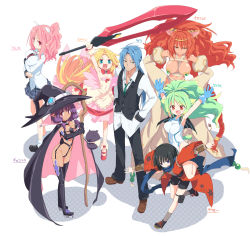 Rule 34 | 1boy, 6+girls, animal ears, arms up, black hair, blonde hair, blue hair, breasts, cape, covered erect nipples, gloves, green hair, hands in pockets, hands on own hips, hat, highres, homura subaru, long hair, multiple girls, open mouth, original, outstretched arms, pink hair, purple hair, school uniform, simple background, skirt, smile, staff, tapir, very long hair, white background, witch, witch hat