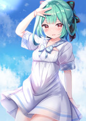 Rule 34 | 1girl, arm up, blue bow, blue sailor collar, blue sky, blush, bow, cloud, collarbone, commentary request, cowboy shot, cross hair ornament, day, dress, green hair, hair ornament, highres, hololive, long hair, looking at viewer, open mouth, red eyes, sailor collar, short sleeves, skull hair ornament, sky, solo, standing, uruha rushia, virtual youtuber, white dress, wristband, yuano