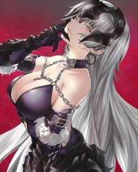 Rule 34 | 1girl, armor, armored dress, bare shoulders, breasts, chain, choker, cleavage, collar, earrings, fang, fate (series), from side, fur-trimmed sleeves, fur trim, gauntlets, hair between eyes, headpiece, highres, jeanne d&#039;arc (fate), jeanne d&#039;arc alter (avenger) (fate), jeanne d&#039;arc alter (avenger) (third ascension) (fate), jeanne d&#039;arc alter (fate), jewelry, large breasts, long hair, miv4t, open mouth, parted lips, pink lips, silver hair, very long hair, yellow eyes