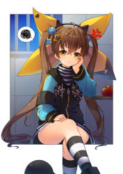 Rule 34 | 1girl, ahoge, anger vein, apple, arm support, bad id, bad pixiv id, black footwear, black jacket, blue sky, boots, brown eyes, brown hair, closed mouth, commentary request, crossed legs, davi (destiny child), destiny child, feet out of frame, fingernails, food, fruit, hair between eyes, hair ornament, hair ribbon, hand up, head tilt, heart, indoors, jacket, kneehighs, long hair, long sleeves, nail polish, night, night sky, orange nails, red apple, ribbon, shirt, sitting, sky, sleeves past wrists, socks, solo, spoken squiggle, squiggle, star (symbol), star hair ornament, striped clothes, striped shirt, striped socks, tp (kido 94), twintails, v-shaped eyebrows, very long hair, yellow ribbon, zipper pull tab