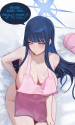 Rule 34 | 1girl, absurdres, apron, baseball cap, bed, blue archive, blue eyes, blue hair, blue halo, colored inner hair, english text, halo, hat, highres, lines onsen, long hair, multicolored hair, naked apron, no mask, nude, on bed, pink apron, pink baseball cap, pink hat, saori (blue archive), sitting, solo, speech bubble, sweat