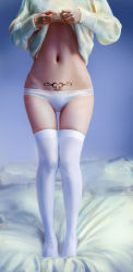 Rule 34 | 1girl, bed, cat ear panties, clothes lift, head out of frame, highres, lifting own clothes, navel, no pants, original, panties, pubic tattoo, qizhu, solo, standing, standing on bed, stomach, sweater, sweater lift, tail, tattoo, thigh gap, thighhighs, underwear, white panties, white sweater, white thighhighs