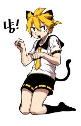 Rule 34 | 1boy, animal ears, black eyes, black hair, blonde hair, cat boy, cat ears, cat tail, cosplay, fang, full body, headphones, highres, jeong surim, kagamine len, kagamine len (cosplay), male focus, mole, mole under eye, multicolored hair, necktie, parkgee, paw pose, simple background, suicide boy, tail, two-tone hair, vocaloid, white background