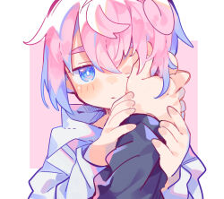 Rule 34 | 2boys, black hoodie, blue eyes, blush, commentary request, dot nose, hair between eyes, hand on another&#039;s cheek, hand on another&#039;s face, hands on another&#039;s wrists, holding hands, hood, hoodie, long sleeves, multiple boys, one eye closed, original, parted lips, pink hair, pov, pov hands, raito-kun (uenomigi), short hair, short hair with long locks, sidelocks, simple background, solo, tagme, uenomigi, white background, yaoi