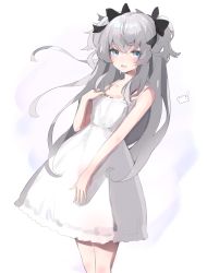 1girl, :d, absurdres, bangs, bare arms, bare shoulders, black bow, blue eyes, bow, collarbone, commentary request, dress, eyebrows visible through hair, grey hair, hair between eyes, hair bow, hand up, highres, indie virtual youtuber, looking at viewer, open mouth, retorillo, shanoa (vtuber), sleeveless, sleeveless dress, smile, solo, standing, two side up, virtual youtuber, white dress
