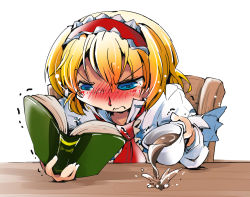 Rule 34 | 1girl, @ @, alice margatroid, blonde hair, blood, blush, book, chair, cup, frills, hairband, highres, holding book, nosebleed, open book, reading, ribbon, shinapuu, sitting, solo, spill, table, tea, touhou, trembling, wavy mouth