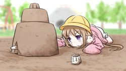 Rule 34 | 1girl, bare shoulders, bloomers, blurry, blurry background, brown hair, commentary, concentrating, cup, digging, dress, hat, long hair, lying, neon-tetora, on stomach, outdoors, pink dress, playground, playing, purple eyes, sand, sand castle, sand sculpture, school hat, shovel, solo, tsukuyomi ai, underwear, v-shaped eyebrows, voiceroid, yellow hat