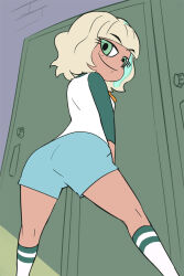 Rule 34 | 1girl, ass, blonde hair, breasts, closed mouth, freckles, green eyes, haruyama kazunori, jackie lynn thomas, locker, looking at viewer, multicolored hair, short hair, shorts, small breasts, smile, solo, star vs the forces of evil