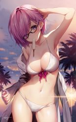 Rule 34 | 1girl, arm up, armpits, bikini, black-framed eyewear, blush, breasts, cleavage, cloud, collarbone, cowboy shot, fate/grand order, fate (series), female focus, food, food in mouth, glasses, hair over one eye, hand in own hair, highres, jacket, legs apart, long sleeves, looking at viewer, mash kyrielight, mash kyrielight (swimsuit of perpetual summer), medium breasts, nature, navel, necomi, off shoulder, official alternate costume, open clothes, open jacket, outdoors, palm tree, popsicle, purple eyes, purple hair, short hair, signature, sky, solo, standing, stomach, sun, swimsuit, tree, twilight, white bikini