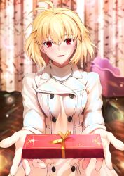 Rule 34 | 1girl, ahoge, arcueid brunestud, blonde hair, blush, chocolate, coat, commentary request, harukey, highres, jewelry, looking at viewer, medium hair, necklace, red eyes, shirt, solo, tsukihime, tsukihime (remake), turtleneck, valentine, white coat, white shirt