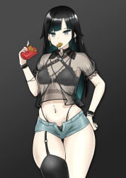 Rule 34 | 1girl, black background, black bra, black choker, black hair, black panties, black thighhighs, bra, breasts, choker, collared shirt, cowboy shot, crop top, crop top overhang, denim, denim shorts, earrings, flor (freshtango), food, freshtango, garter straps, gradient hair, grey eyes, groin, hand on own hip, hand up, highleg, highleg panties, highres, jewelry, lace, lace-trimmed bra, lace trim, long hair, looking at viewer, micro shorts, midriff, mole, mole on stomach, mole under eye, mouth hold, multicolored hair, navel, navel piercing, open fly, original, panties, piercing, see-through, shirt, short sleeves, shorts, simple background, single thighhigh, small breasts, solo, stomach, string panties, thick thighs, thighhighs, thighs, underwear, wristband