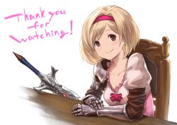 Rule 34 | 10s, 1girl, blonde hair, bob cut, djeeta (granblue fantasy), fighter (granblue fantasy), fukuhara tetsuya, gauntlets, granblue fantasy, highres, juliet sleeves, long sleeves, looking at viewer, puffy sleeves, simple background, sitting, smile, solo, thank you, upper body, white background