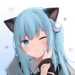 Rule 34 | 2girls, animal ears, artist request, blue eyes, blue hair, breasts, cat ears, closed mouth, coat, grey coat, hair between eyes, hair ornament, heart, long hair, multiple girls, nekoha shizuku, non-web source, one eye closed, original, small breasts, source request, upper body