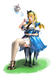 Rule 34 | 1girl, absurdres, alice (alice in wonderland), alice in wonderland, beige legwear, blonde hair, blue eyes, blue hairband, blue skirt, breasts, corset, cup, dress, eyelashes, floating, floating object, frilled dress, frills, full body, garter straps, hairband, hat, heart, high heels, highres, huge bow, large breasts, legs together, lipstick, looking at viewer, makeup, medium hair, mini hat, mini witch hat, nail polish, necktie, nose, open mouth, puffy short sleeves, puffy sleeves, saucer, short sleeves, showgirl skirt, sitting, skirt, solo, spoon, symbol-shaped pupils, teacup, teapot, thighhighs, white background, white dress, witch hat, wooju ku