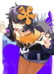 Rule 34 | 1girl, absurdres, black hair, borrowed character, claw pose, collar, copyright request, flower, hair between eyes, hair flower, hair ornament, highres, jacket, legs together, long sleeves, looking at viewer, medium hair, open clothes, open jacket, open mouth, orange eyes, pantyhose, red eyes, reiga (act000), sanpaku, shirt, solo, spiked collar, spikes, standing, tongue, tongue out, yellow flower, yellow pantyhose, yellow shirt