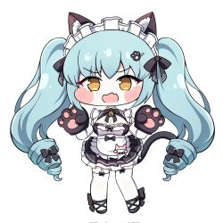 Rule 34 | 1girl, animal ears, apron, black dress, blue hair, blush stickers, breasts, cat ears, cat tail, chibi, dress, drill hair, elbow gloves, fake animal ears, fake tail, fang, gloves, goddess of victory: nikke, highres, large breasts, legwear garter, light blue hair, long hair, maid, maid headdress, moongzzi s2, neck bell, official alternate costume, open mouth, paw gloves, paw hair ornament, privaty (nikke), privaty (unkind maid) (nikke), skin fang, solo, tail, thighhighs, twin drills, twintails, very long hair, white apron, white gloves, white thighhighs, yellow eyes