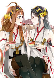 Rule 34 | 10s, 2girls, ahoge, bad id, bad pixiv id, bare shoulders, black hair, blue eyes, brown hair, cake, camel000, cover, cover page, cup, detached sleeves, feeding, food, fork, hair ornament, hairclip, haruna (kancolle), headgear, japanese clothes, kantai collection, kongou (kancolle), crossed legs, long hair, long sleeves, looking at another, multiple girls, nontraditional miko, open mouth, red eyes, ribbon-trimmed sleeves, ribbon trim, tea, teacup, thighhighs