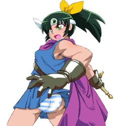 Rule 34 | 1girl, ass, commentary request, cosplay, dragon quest, dragon quest iii, graphite (medium), long hair, midorikawa nao, millipen (medium), onnaski, open mouth, panties, precure, roto (cosplay), roto (dq3), simple background, smile precure!, solo, striped clothes, striped panties, sword, traditional media, underwear, weapon, white background
