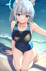 Rule 34 | 1girl, absurdres, animal ear fluff, animal ears, barefoot, black one-piece swimsuit, blue archive, blue eyes, breasts, collarbone, commentary request, competition swimsuit, covered navel, cross hair ornament, extra ears, grey hair, hair ornament, halo, highres, kneeling, leaning forward, looking at viewer, low ponytail, medium breasts, medium hair, mismatched pupils, multicolored clothes, multicolored swimsuit, official alternate costume, one-piece swimsuit, rkgk ojisan, shiroko (blue archive), shiroko (swimsuit) (blue archive), solo, swimsuit, waves, wolf ears