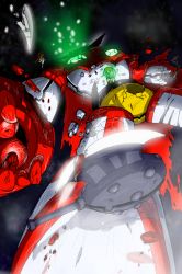 Rule 34 | axe, cape, damaged, getter-1, getter robo, getter robo (1st series), highres, kuman bachi, mecha, no humans, open hand, red cape, robot, science fiction, solo, super robot, torn cape, torn clothes