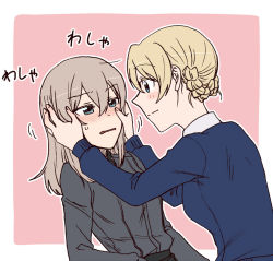 Rule 34 | 2girls, blonde hair, blue eyes, blue sweater, blush, braid, closed mouth, commentary, darjeeling (girls und panzer), dress shirt, frown, girls und panzer, grey hair, half-closed eyes, hands on another&#039;s face, itsumi erika, kuromorimine school uniform, leaning back, leaning forward, long sleeves, looking at another, medium hair, motion lines, multiple girls, open mouth, outline, outside border, pink background, school uniform, shirt, short hair, smile, st. gloriana&#039;s school uniform, sweatdrop, sweater, torinone, white outline, white shirt, yuri