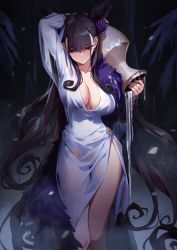 Rule 34 | 1girl, absurdres, arm up, bare legs, black hair, blush, breasts, cleavage, closed mouth, collarbone, dress, earrings, fate/grand order, fate (series), feet out of frame, highres, holding, ice, icicle, jewelry, jug (bottle), large breasts, long hair, long sleeves, looking away, looking down, murasaki shikibu (fate), pelvic curtain, purple eyes, rekaerb maerd, see-through, shawl, snowflake earrings, snowflakes, solo, standing, thigh gap, v-shaped eyebrows, very long hair, wet, wet clothes, wet dress, white dress
