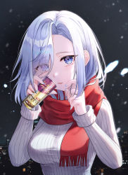 Rule 34 | 1girl, absurdres, blue eyes, breasts, drink, genshin impact, hair over one eye, highres, long hair, looking at viewer, night, outdoors, red scarf, ribbed sweater, scarf, shenhe (genshin impact), sicle, snow, snowing, solo, sweater, upper body, white hair